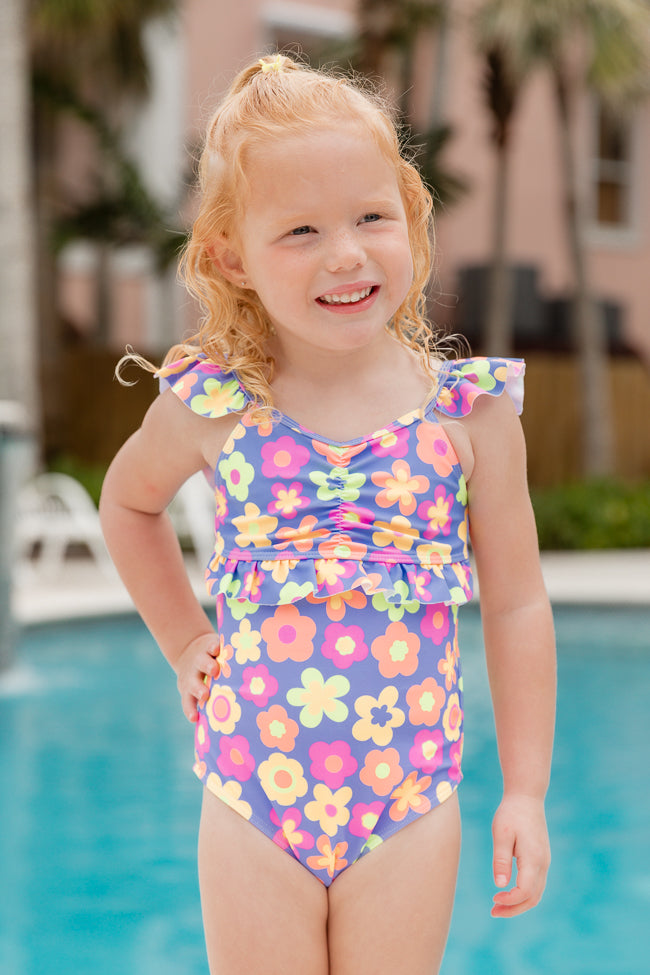 Kid's Beach Vibes Only Purple Retro Floral One Piece Swimsuit