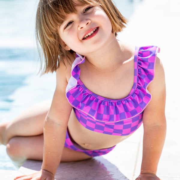 Sweet Summertime Girl's Purple and Pink Checkered Ruffle Bikini Bottoms  FINAL SALE