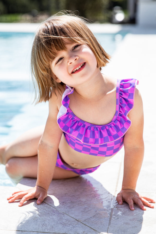 Sweet Summertime Girl's Purple and Pink Checkered Ruffle Bikini Top FINAL SALE