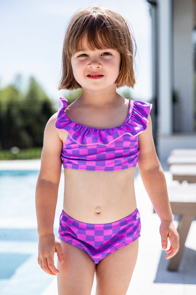 Sweet Summertime Girl's Purple and Pink Checkered Ruffle Bikini Top FI –  Pink Lily