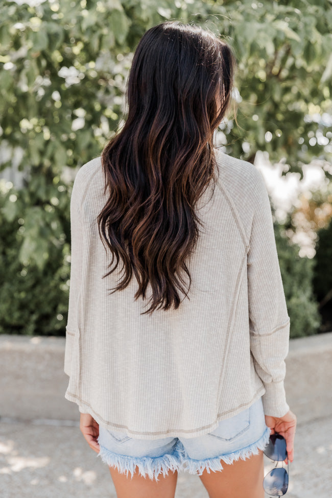 Believe In You Taupe Split V Knit Long Sleeve Top