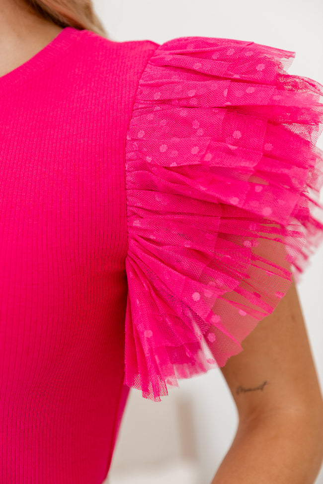 Love You A Brunch Hot Pink Mesh Polka Sleeve Detail Ribbed Blouse