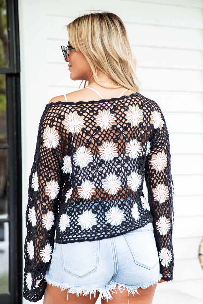 Right This Way Black Flower Crochet Sweater