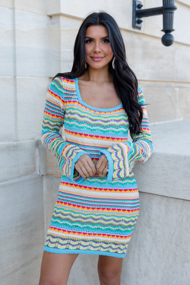 What It Is Multi Stripe Crochet Mini Dress