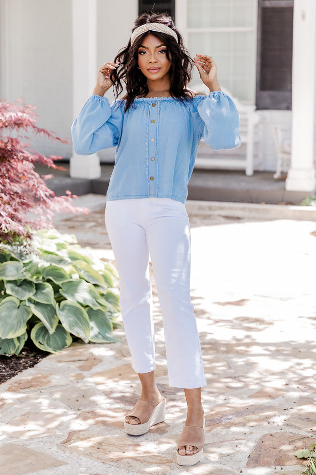 In The Countryside Medium Wash Off The Shoulder Button Front Chambray Blouse FINAL SALE