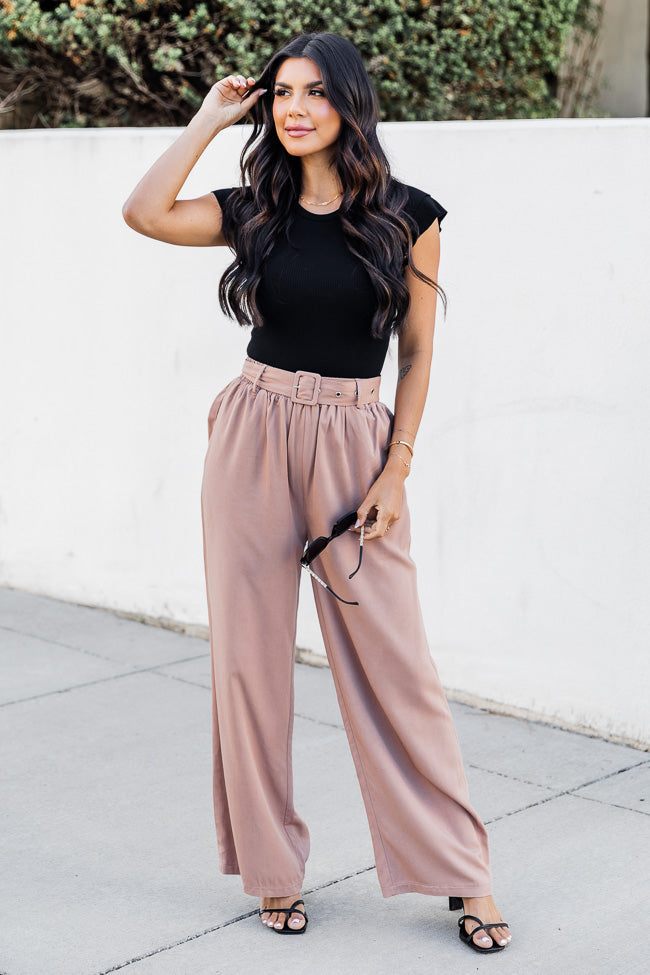 Business As Usual Tan Belted Wide Leg Pants
