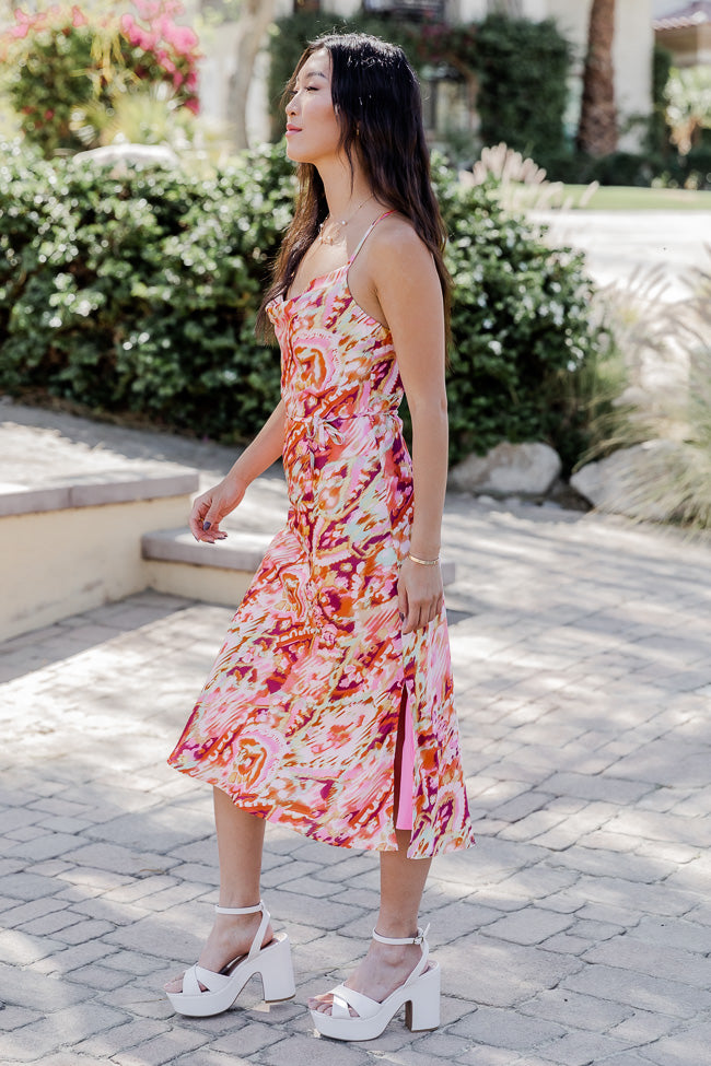 In Full Bloom Abstract Print Cowl Neck Satin Floral Midi Dress FINAL S –  Pink Lily