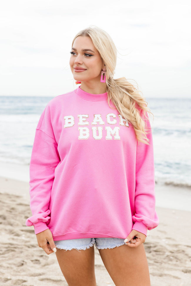 Beach Bum Chenille Patch Pink Oversized Graphic Sweatshirt