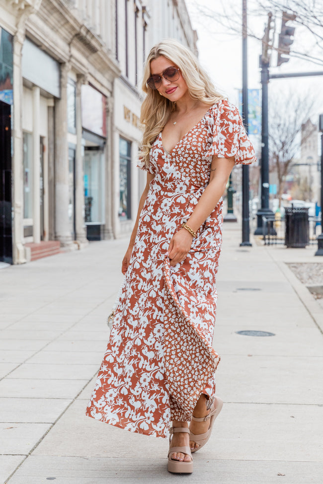 Know My Heart Brown Floral Contrast Flutter Sleeve Maxi Dress