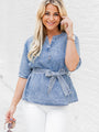 First Met Me Medium Wash Chambray Tie Waist Blouse FINAL SALE