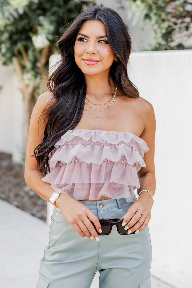 Calling All The Time Blush Ruffled Strapless Top