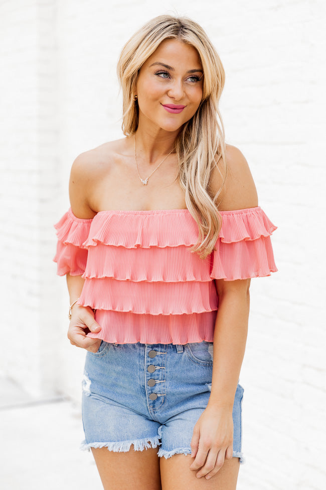 Meant To Be Coral Ruffled Off The Shoulder Blouse With Removable Straps FINAL SALE