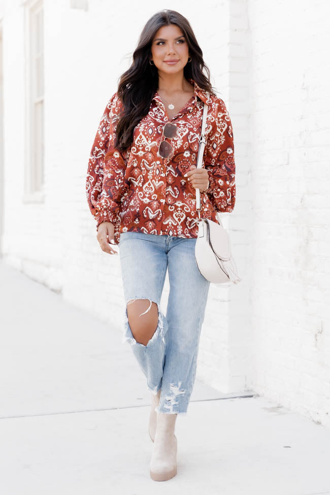 I've Been Waiting Rust Printed Satin Button Front Blouse FINAL SALE