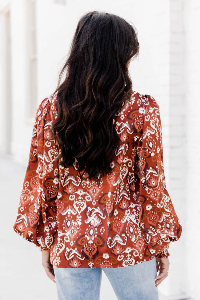 I've Been Waiting Rust Printed Satin Button Front Blouse