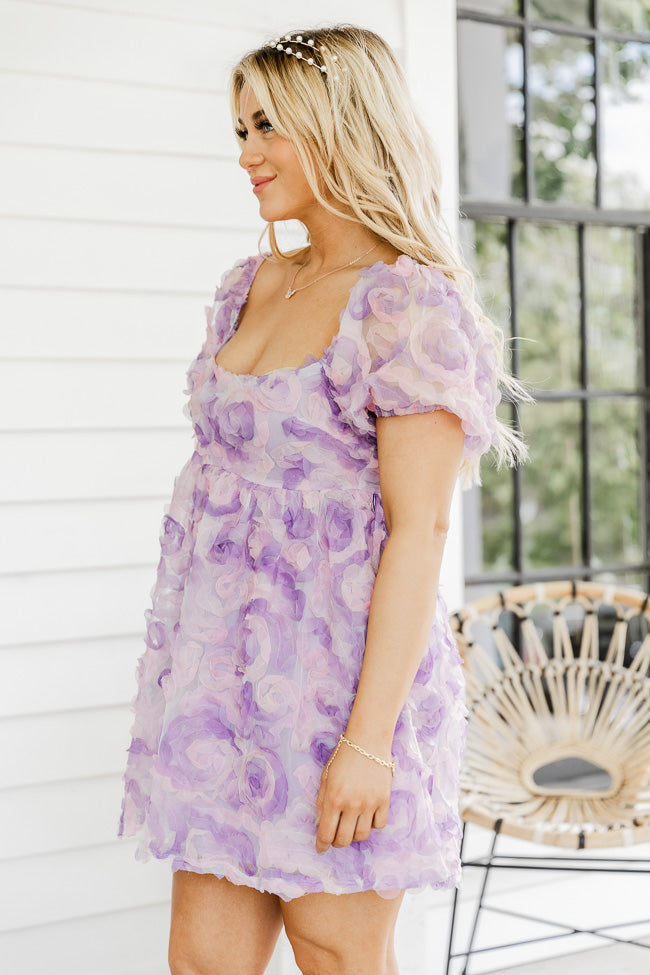 A Garden Stroll Pink and Purple Floral Applique Puff Sleeve Mini Dress