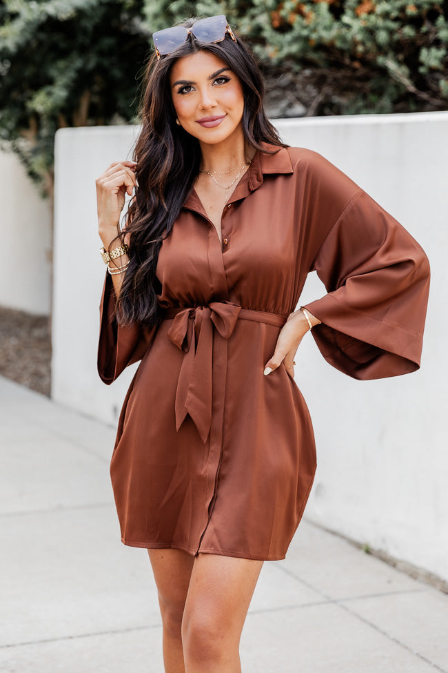 Stay With Me Brown Collared Button Up Satin Mini Dress