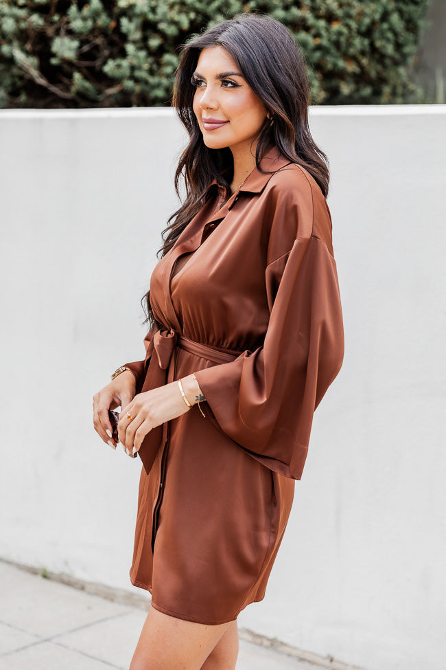Stay With Me Brown Collared Button Up Satin Mini Dress