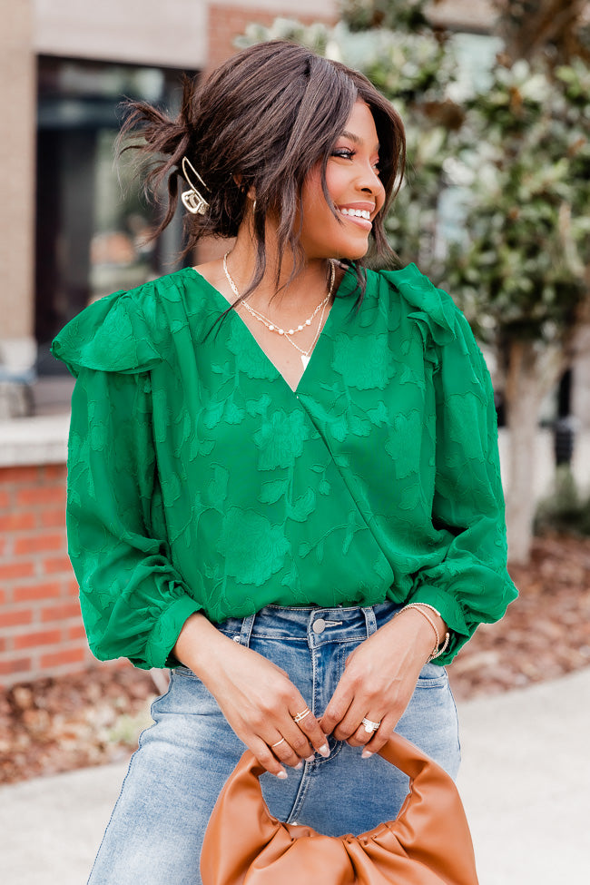 Nothing Has Changed Green Ruffle Shoulder Floral Textured Bodysuit