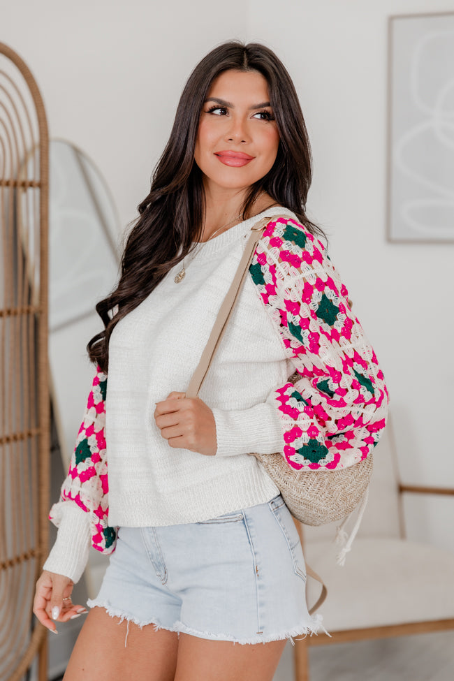 A Day To Remember Cream Multi Chenille Crochet Sleeve Sweater