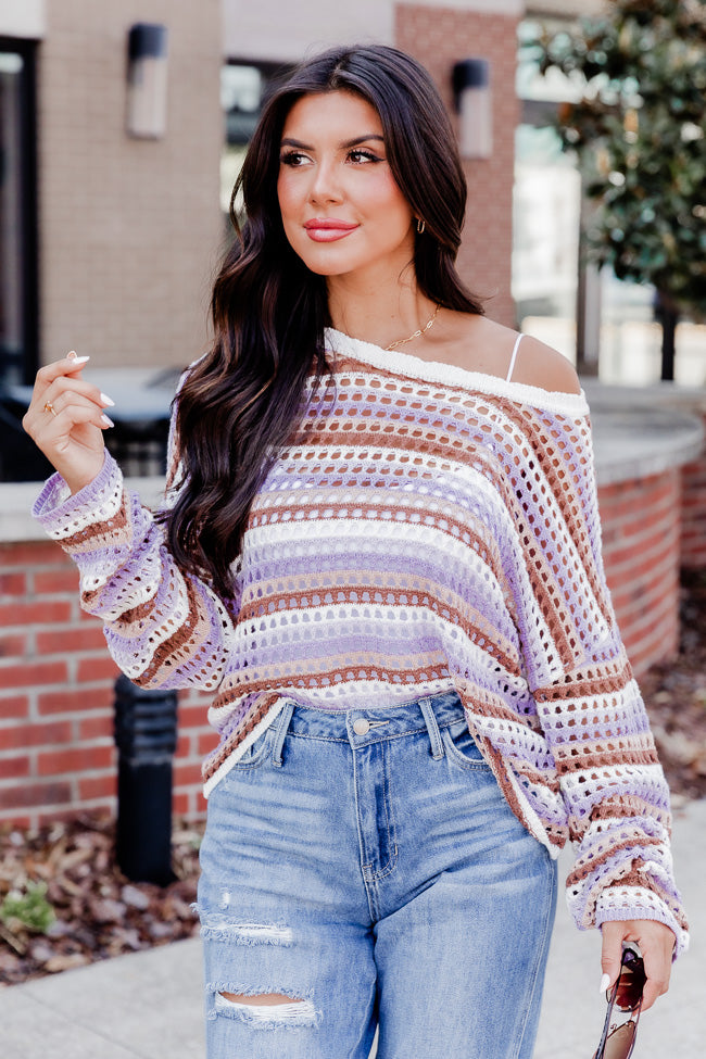 Chasing Rainbows Purple And Brown Striped Crochet Sweater