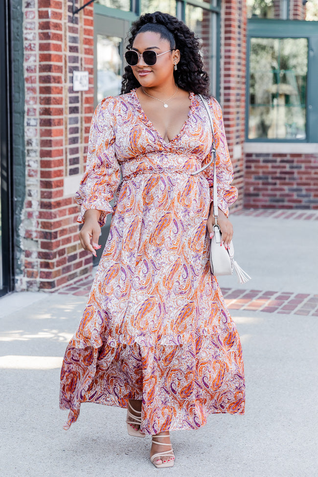 It's All A Dream Rust Multi Paisley Satin Ruffle Trim Maxi Dress