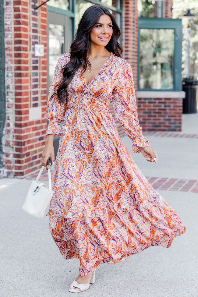 It s All A Dream Rust Multi Paisley Satin Ruffle Trim Maxi Dress FINAL SALE