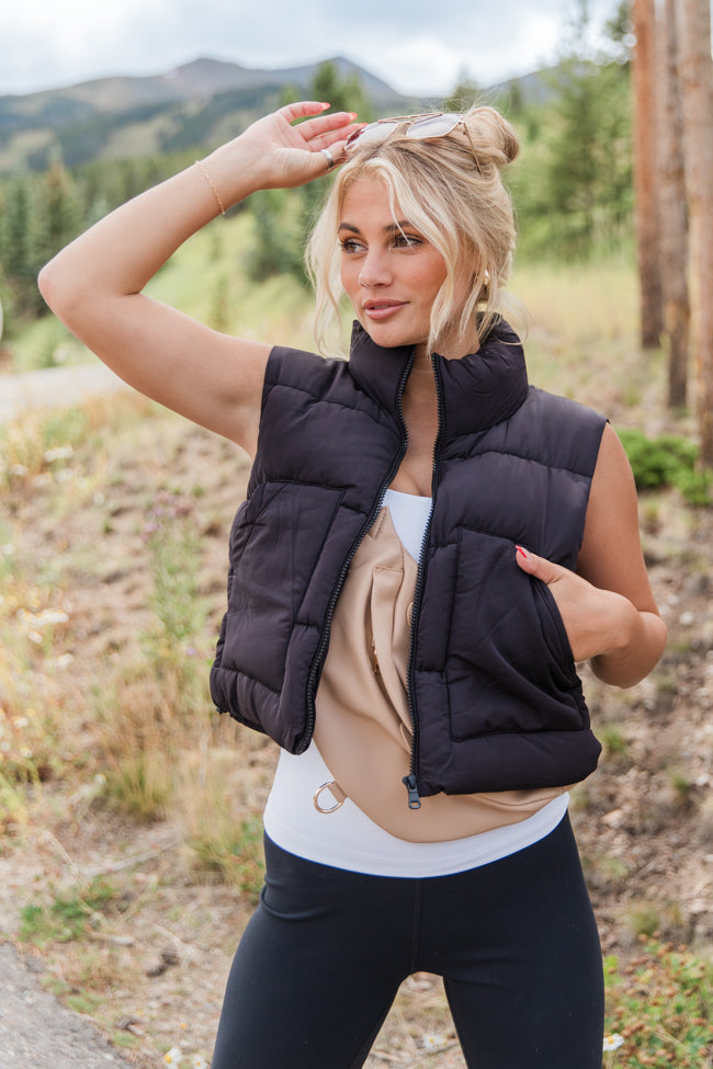 Sights To See Black Cropped Puffer Vest Pink Lily