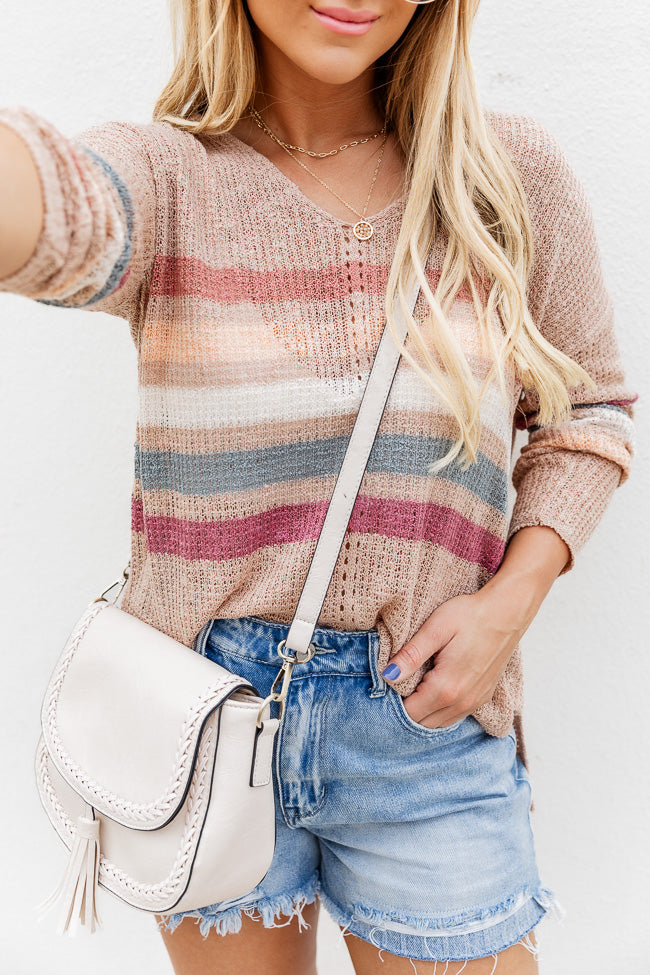 Hold My Hand Beige Striped Slouchy Sweater