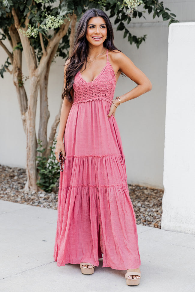 Let's Fly Away Mauve Crochet Knit Panel Tiered Maxi Dress