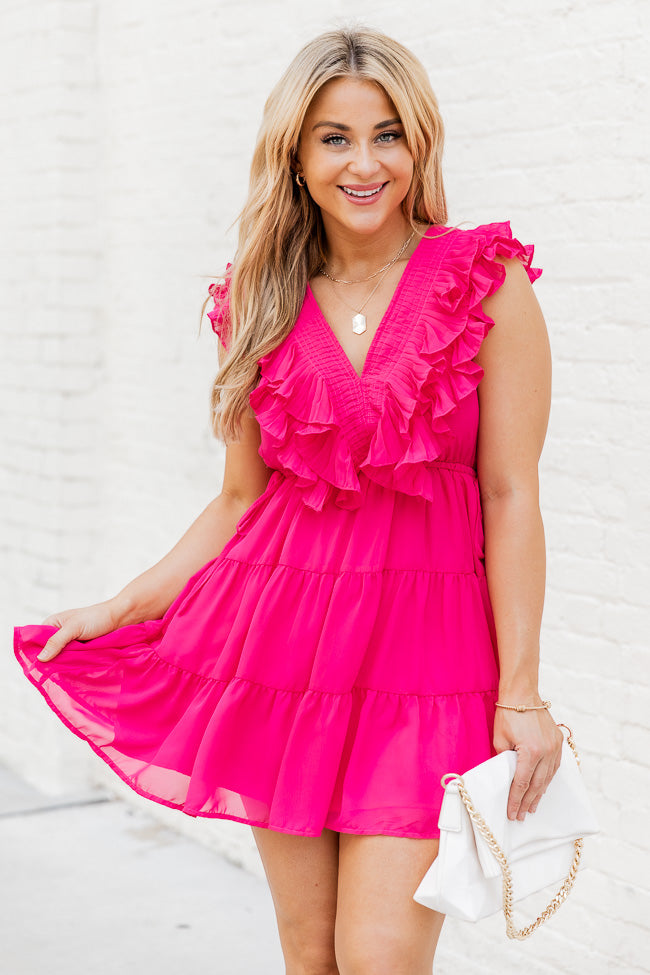 Time To Fall In Love Hot Pink Pleated Open Back Tie Ruffle Dress FINAL SALE