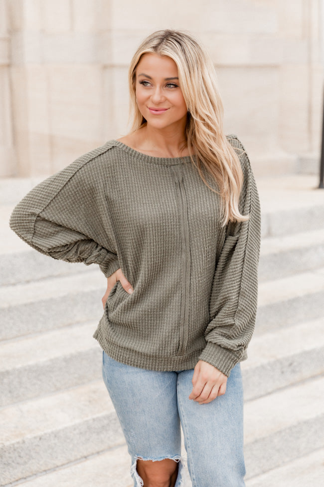 There's Something About You Olive Boat Neck Waffle Pullover