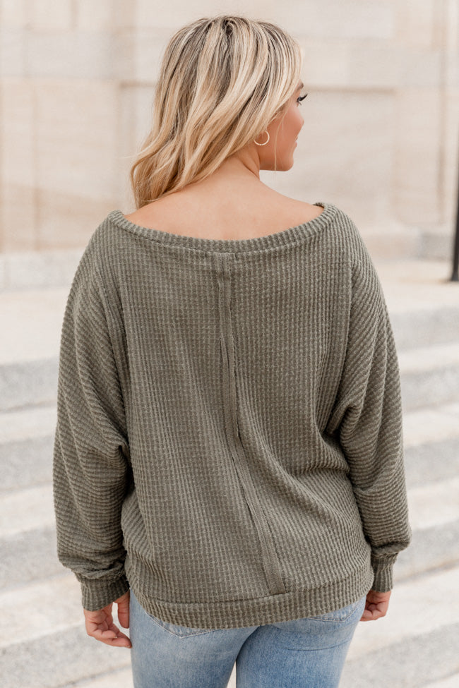There's Something About You Olive Boat Neck Waffle Pullover