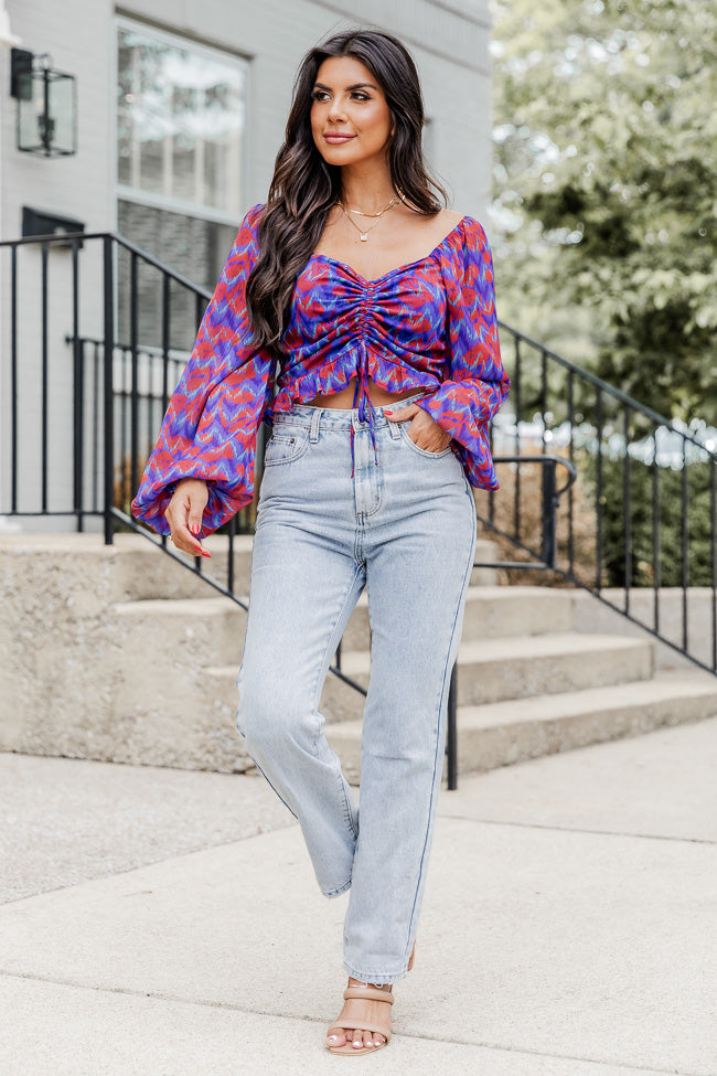Just A Dream Blue And Rust Printed Cinched Bust Blouse FINAL SALE