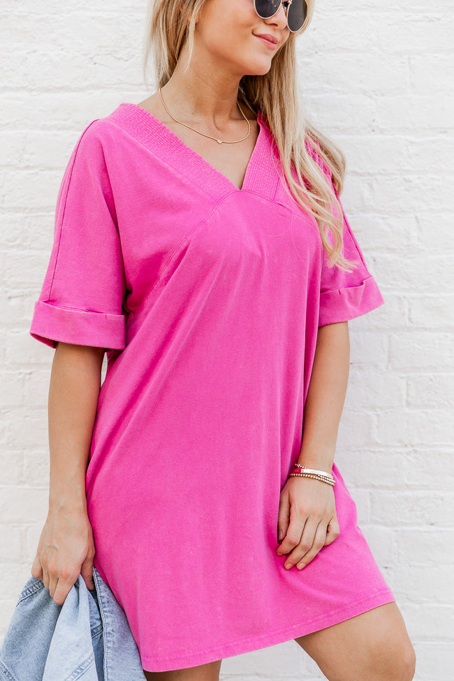 A Dream Come True Hot Pink Acid Wash V Neck Mini T Shirt Dress