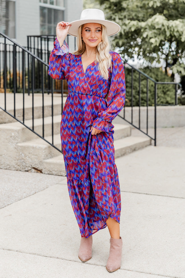 We're Not Done Blue Abstract Printed Long Sleeve Maxi Dress FINAL SALE