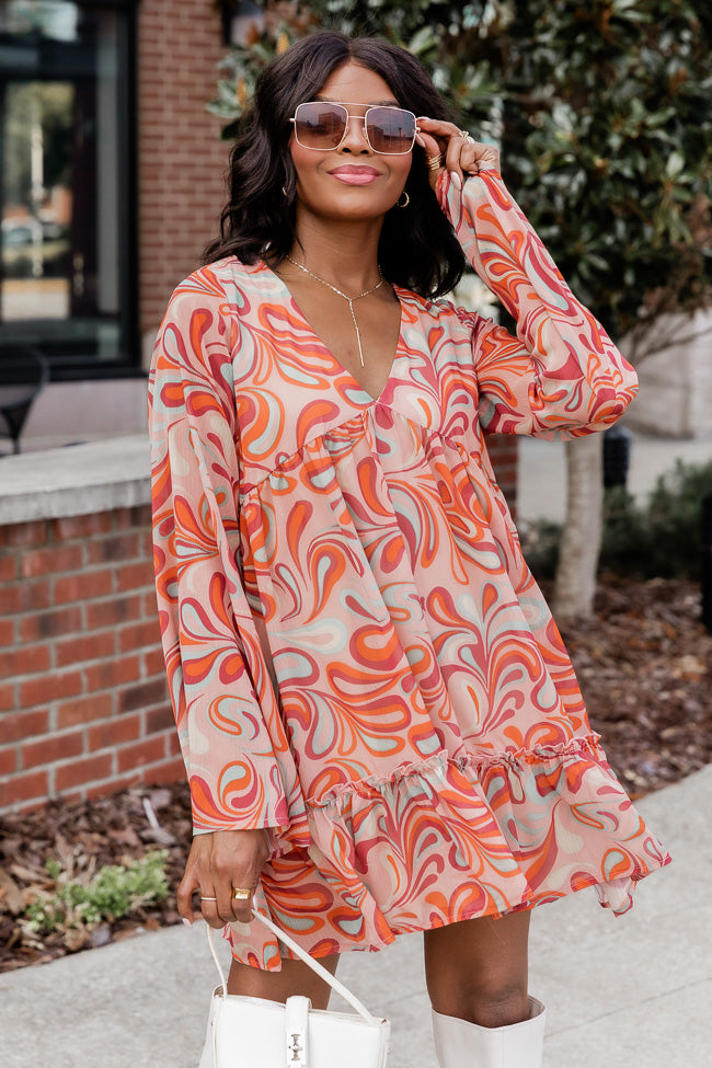 Let's Just Relax Multi Color Long Sleeve Abstract Printed Mini Dress FINAL SALE