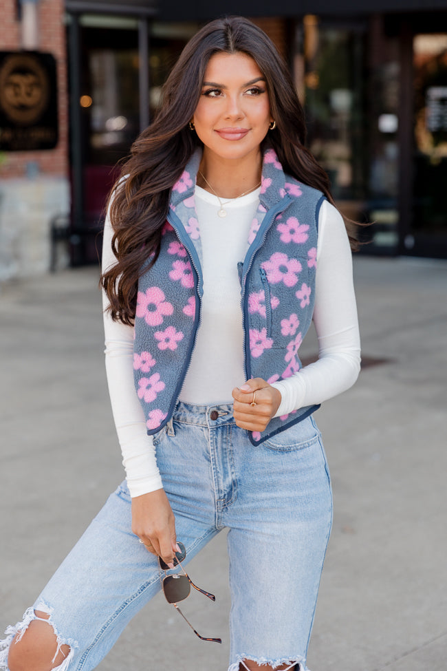 Breaking Hearts Navy and Pink Floral Sherpa Vest