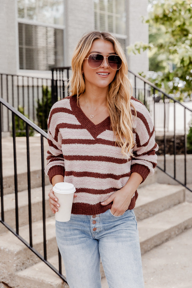 Ready For What's Next Brown Fuzzy Striped V-Neck Sweater FINAL SALE