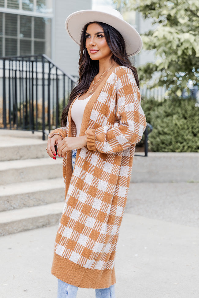 Be The First Tan Plaid Long Cardigan FINAL SALE Pink Lily