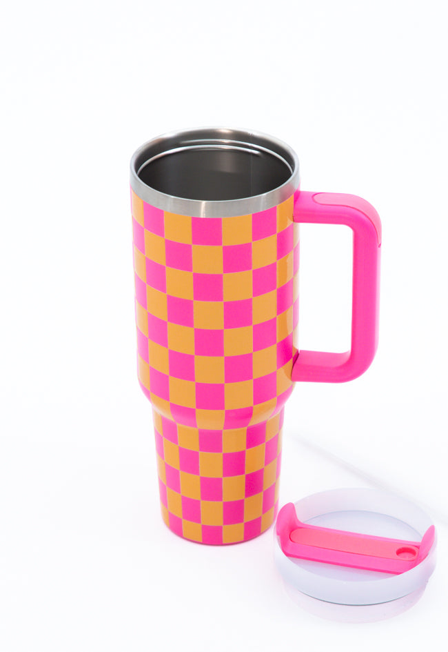 Sippin' Pretty Pink and Orange Checkered 40 oz Drink Tumbler With Lid And Straw FINAL SALE