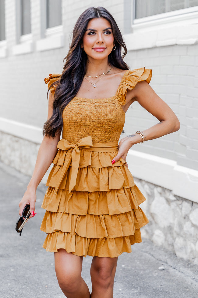 Still Have Time Mustard Tiered Ruffle Belted Mini Dress FINAL SALE
