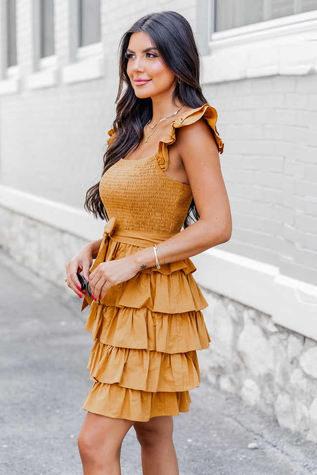 Still Have Time Mustard Tiered Ruffle Belted Mini Dress FINAL SALE