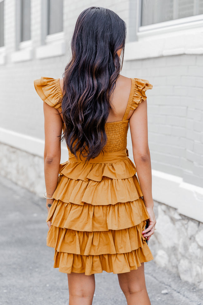 Still Have Time Mustard Tiered Ruffle Belted Mini Dress FINAL SALE