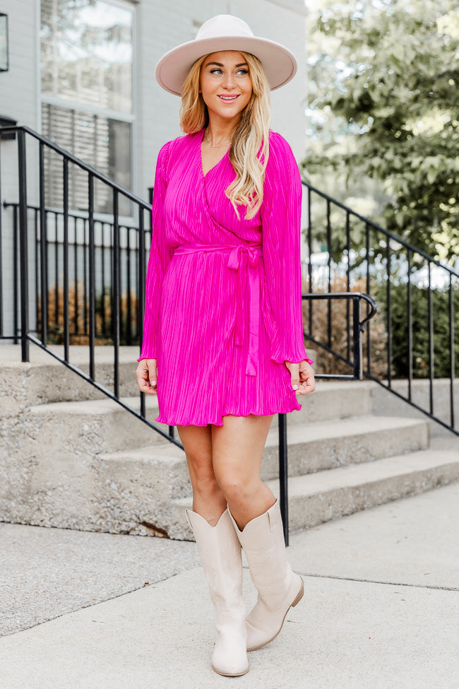 Through The Night Hot Pink Plisse Mini Wrap Belted Dress FINAL SALE