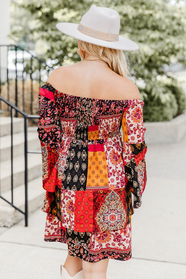 Found Love At Last Red Off The Shoulder Patchwork Print Mini Dress