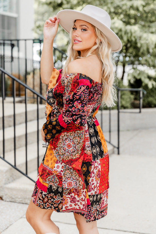 Found Love At Last Red Off The Shoulder Patchwork Print Mini Dress FINAL SALE