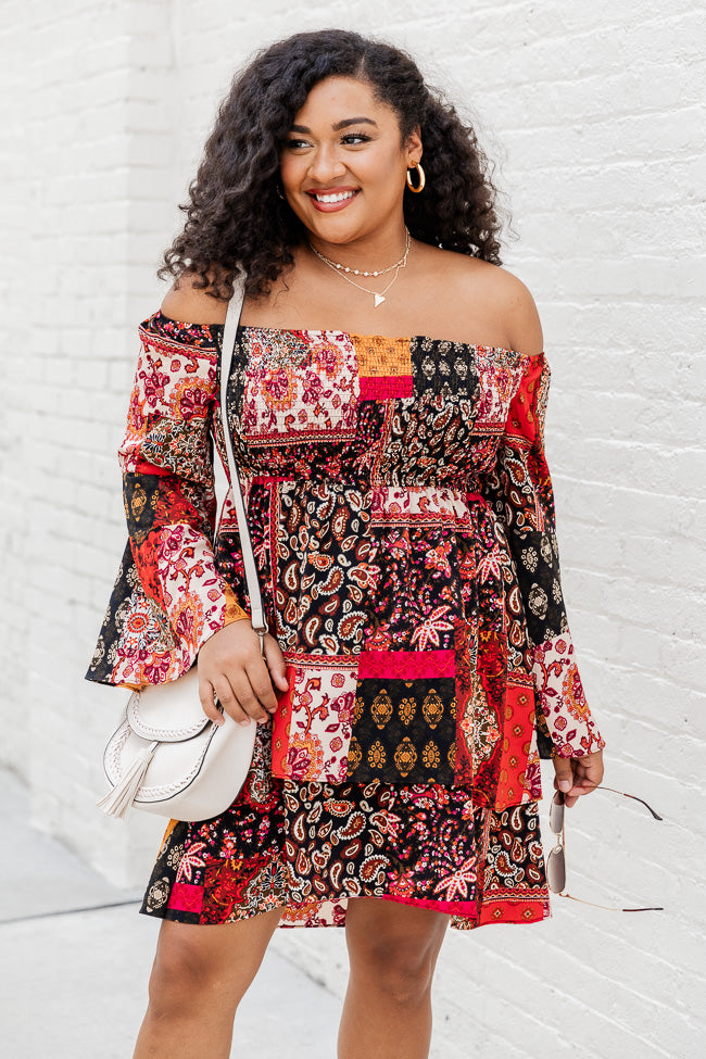 Found Love At Last Red Off The Shoulder Patchwork Print Mini Dress FINAL SALE