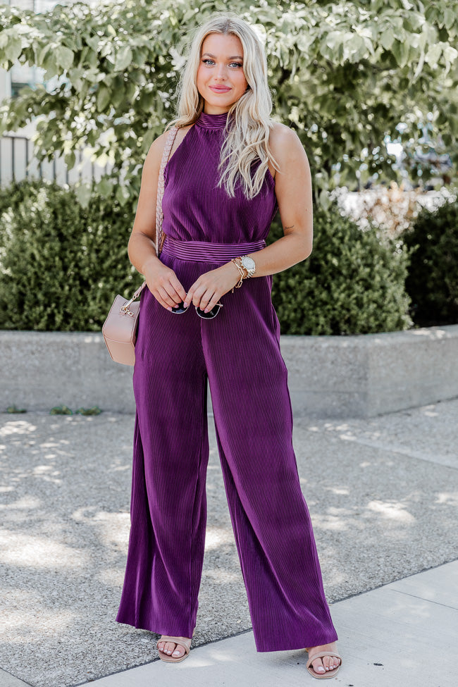 Purple sales jumpsuit outfit