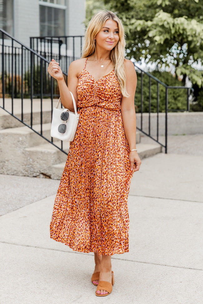 Nothing You Can't Do Orange Multi Printed Pleated Ruched Bust Midi Dress FINAL SALE