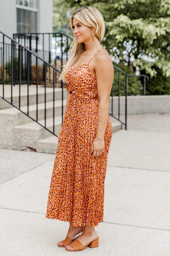 Nothing You Can't Do Orange Multi Printed Pleated Ruched Bust Midi Dress FINAL SALE